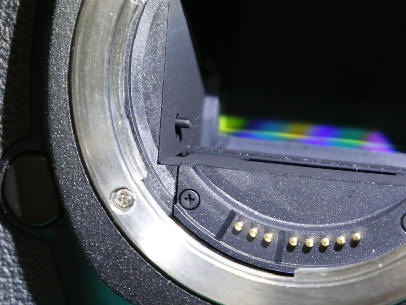 写真中央部、糸のようなホコリが見えるだろうか。これがイメージセンサーに付けば写り込むし、AFセンサーに付けばAF動作に影響するかもしれない。ピンセットで取り除く