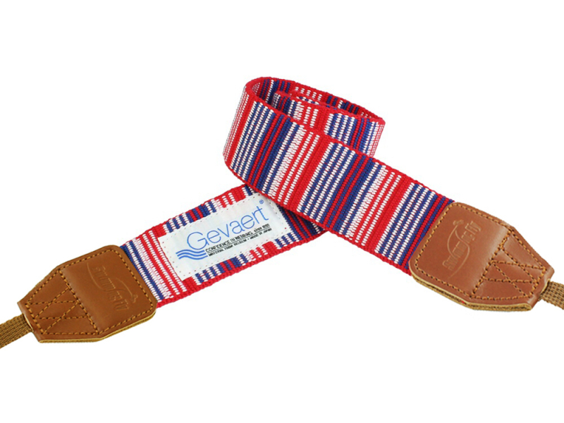 Swimming Fly & Gevaertカメラストラップ ブライトストライプ（レッド）