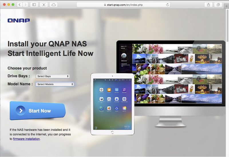 TVS-682Tをルーターにつなぎ電源を入れたのちに、PCのWebブラウザで http://start.qnap.comにアクセスし、表示されたページにてHDDベイの数を選択後、機種名を選択し「今すぐ開始」をクリック。表示された指示に従い「Qfinder Pro」インストーラーをダウンロードの後にインストールする。