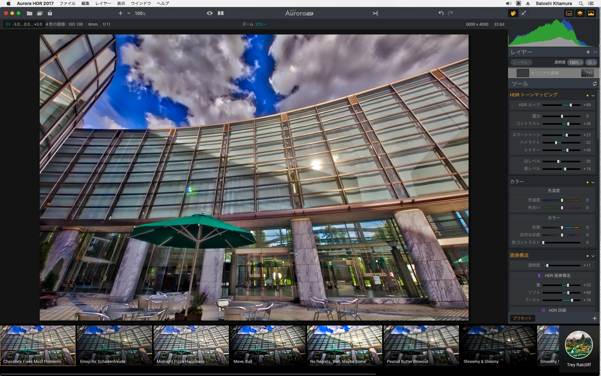 画像編集中の画面。右側にさまざまなツールのパネルがあり、下側にプリセットが表示される