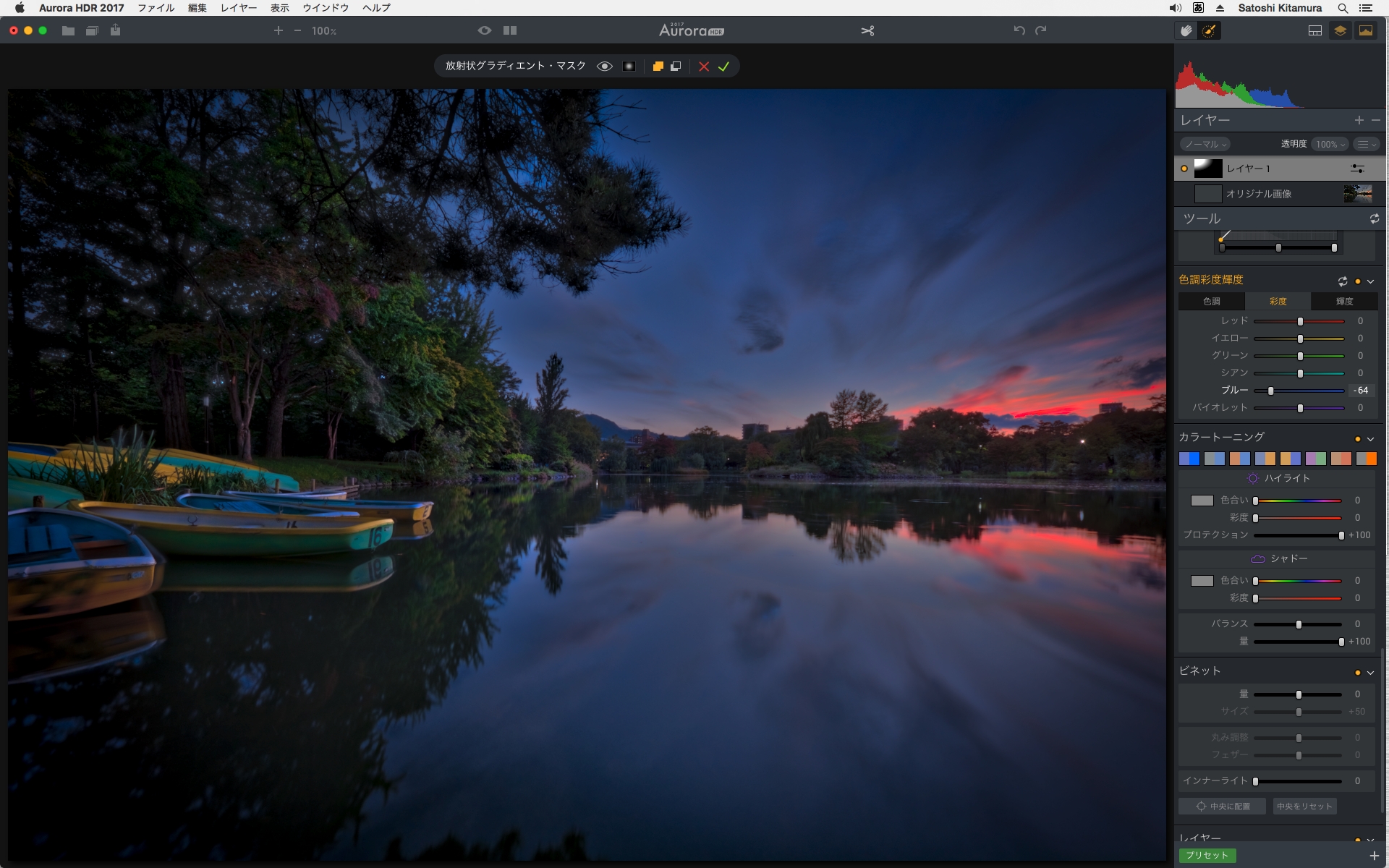 「色調彩度輝度」パネルで、「ブルー」の「彩度」「-64」に、「輝度」を「-14」に下げた