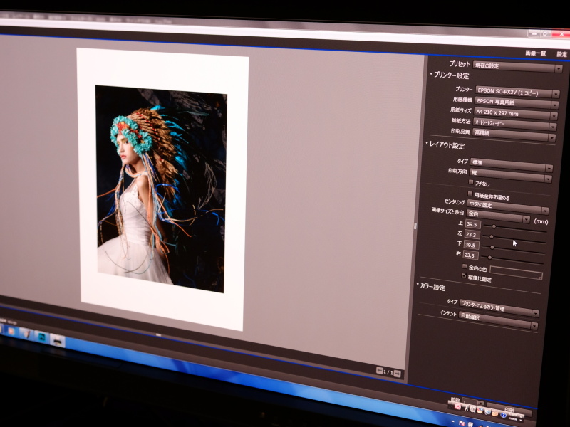 Epson Print Layoutの画面。余白調整を同一画面内で行えたり、用紙プロファイルをもとにした印刷プレビューも可能。複数枚を配置することもできる