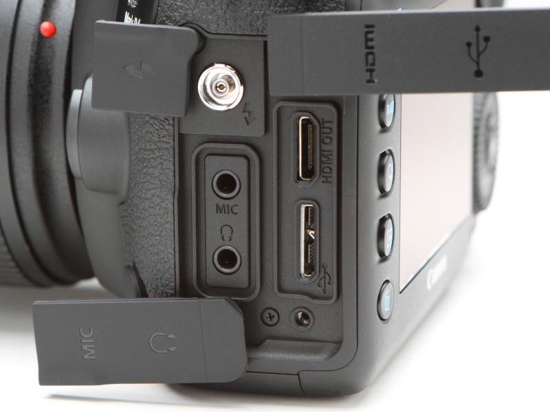 ボディ側面のインターフェース部。左上より反時計回りにシンクロ端子、外部マイク入力端子、ヘッドフォン端子、ケーブルプロテクター取り付けねじ穴、デジタル端子、HDMIミニ出力端子。