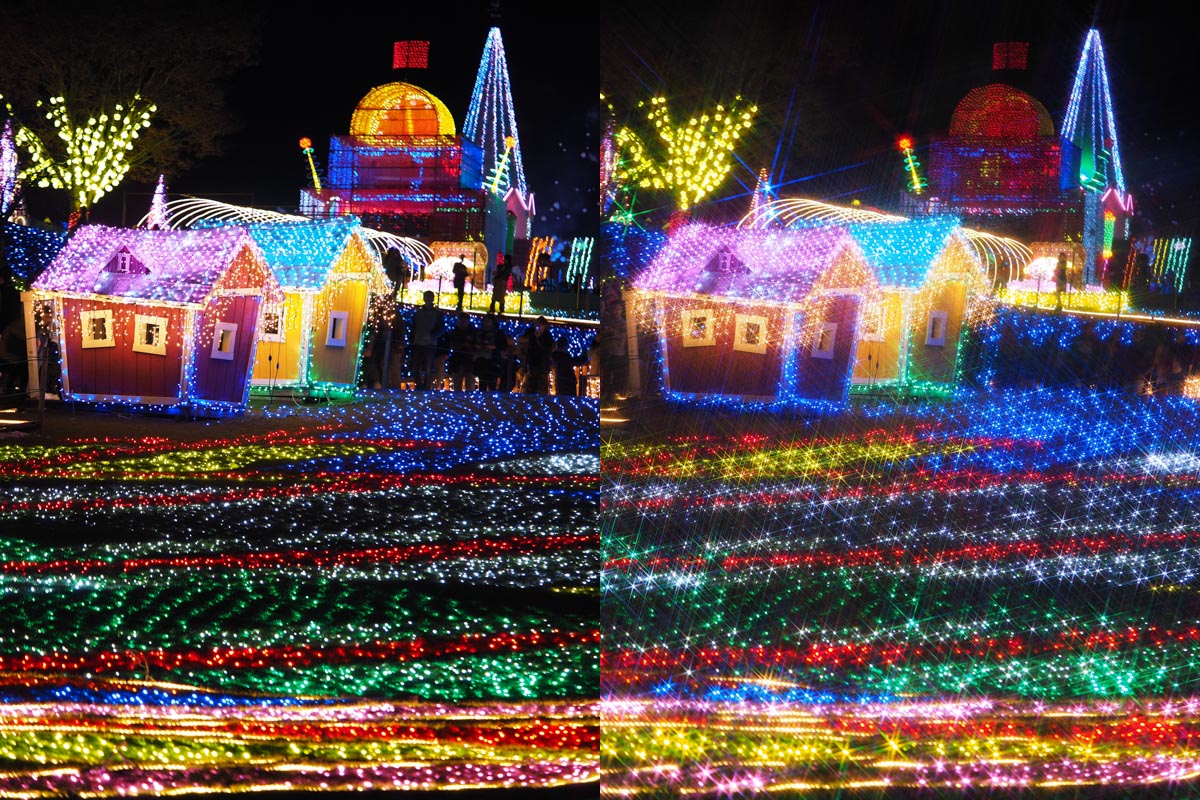 クロスフィルターなし（左）、クロスフィルターあり（右）