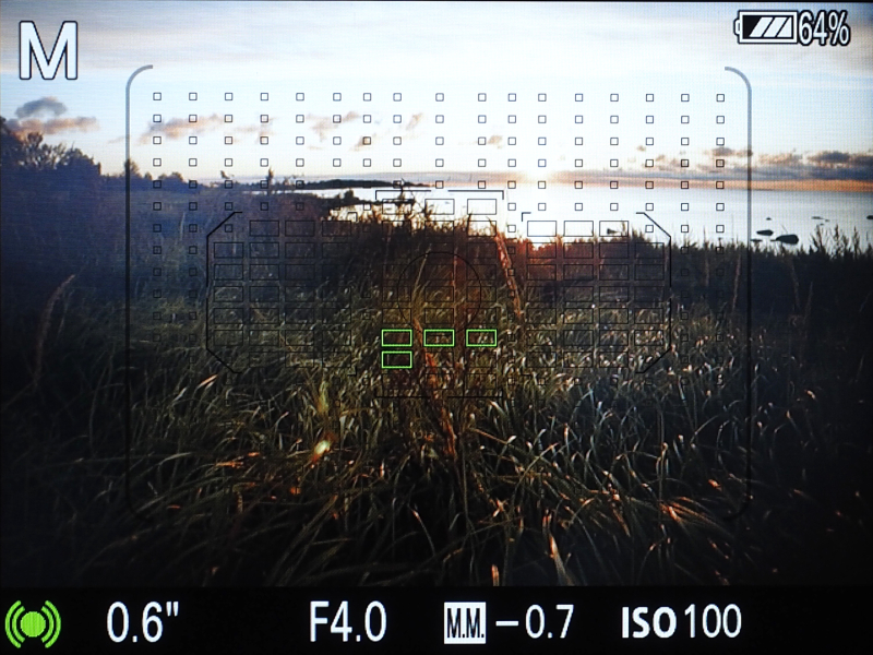 液晶モニターに像面位相差AFセンサーのエリアと専用位相差AFセンサーのエリアを表示した状態。2種類のAFセンサーが重なるハイブリッドクロス測距点のカバー範囲だけでも広範囲であることがわかる