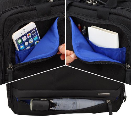 小物を収納できるフロントポケット。下段には折りたたみ傘も収納可能