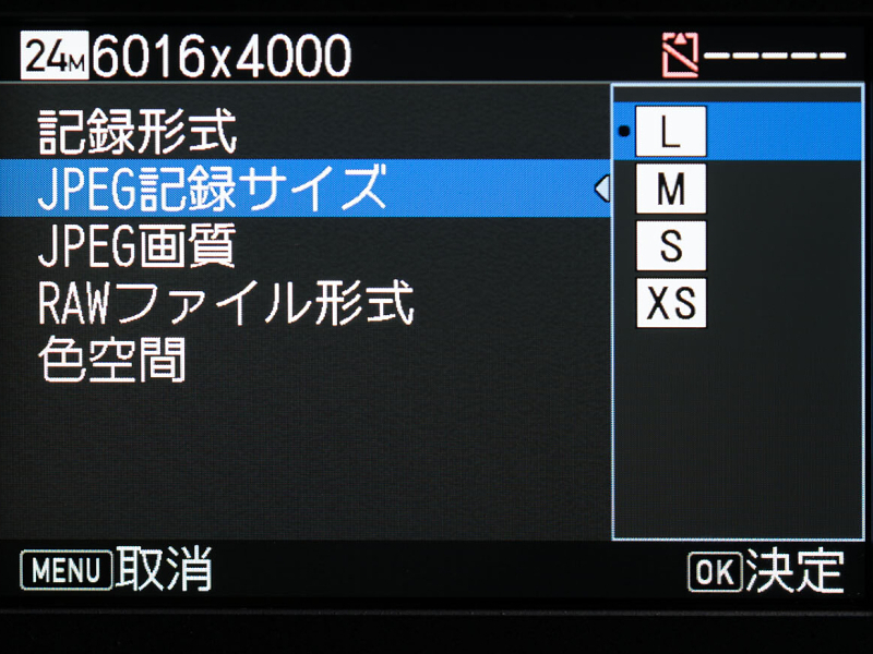 記録サイズの設定画面