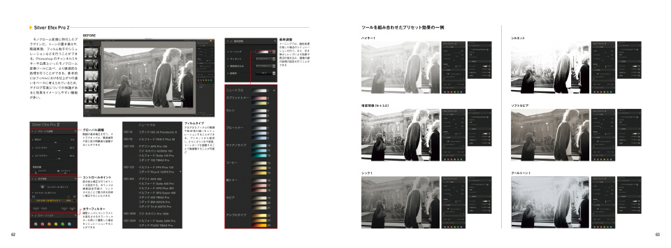 Nik Collectionについても収録。このページはモノクロ制作の定番プラグイン「Silver Efex Pro 2」の解説
