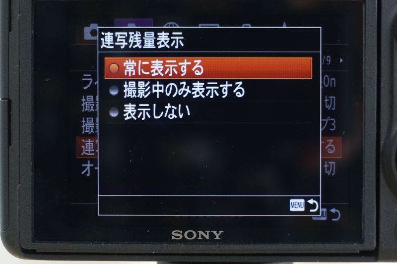 連写残量表示。連写中の画面左側に縦棒が表示され、コマ速が落ちずに連写できる残量を示す
