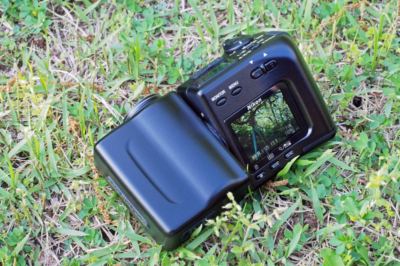COOLPIX 950を草むらに置いて、そこから前方の樹木を見上げるように撮影する……の図。