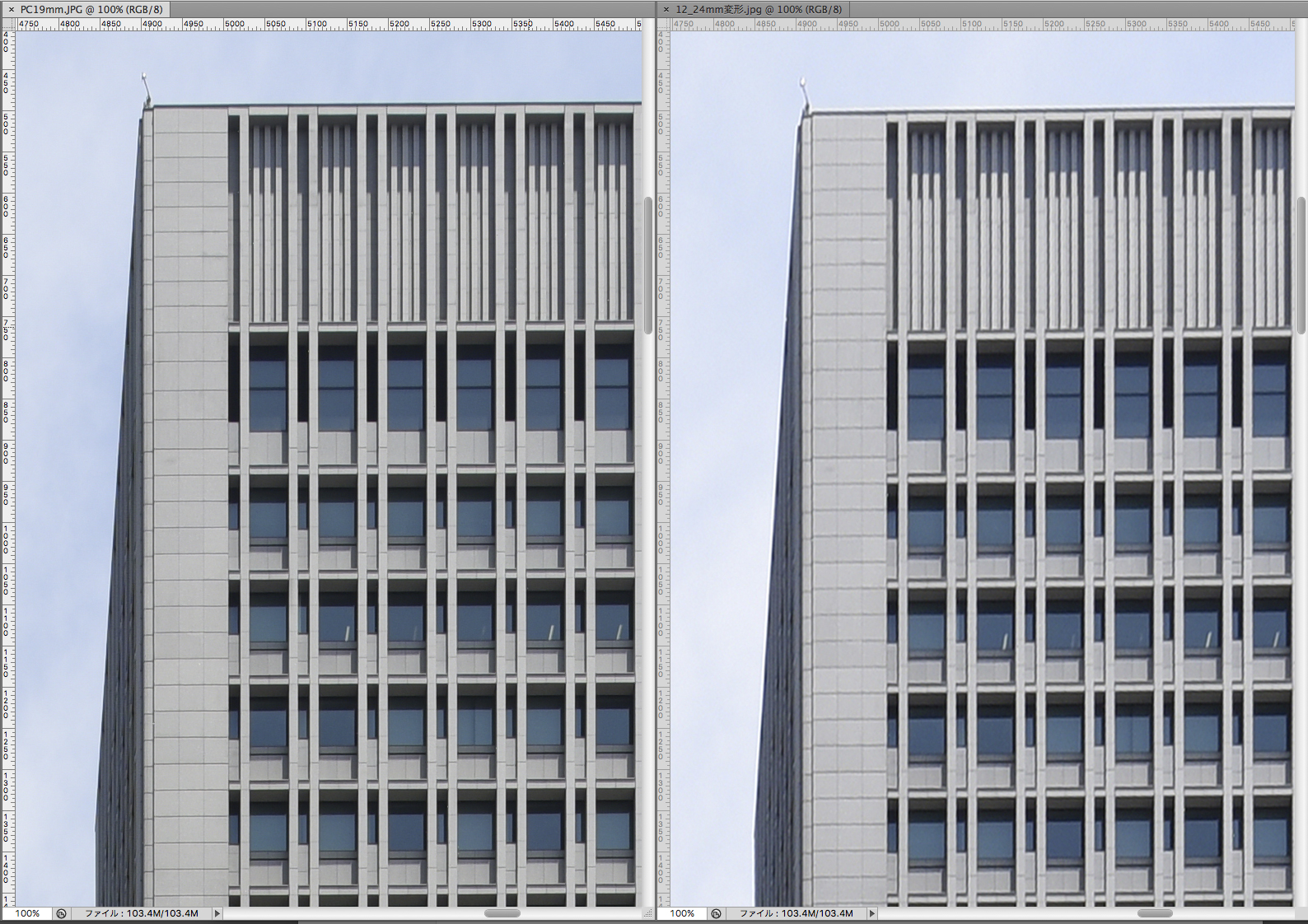 Bの部分（左：PC 19mm、右：14-24mmをデジタル補正）