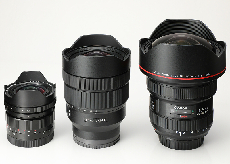 左から、HELIAR-HYPER WIDE 10mm F5.6 ASPHERICAL、FE 12-24mm F4 G、EF11-24mm F4L USM。