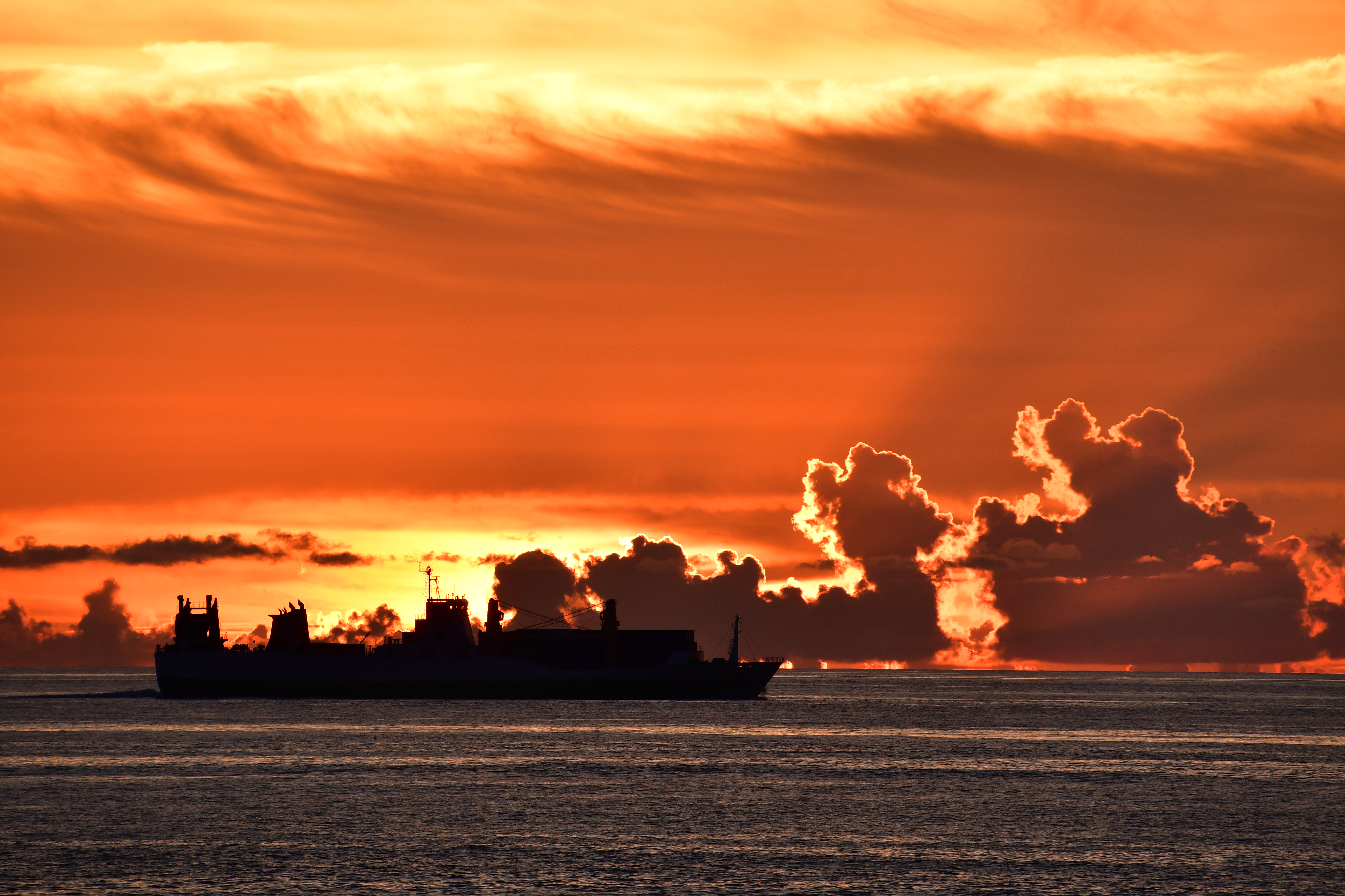 残波岬沖を航行する大型船舶を撮影。600mm相当の画角があれば迫力のある写真を撮影できる。また、逆光性能も高く、コントラストも高い。<br><span class="fnt-85">D7500 / 18-400mm F/3.5-6.3 Di II VC HLD / 絞り優先AE（1/500秒・F8・+1.3EV） / ISO 320 / 270mm（405mm相当）</span>