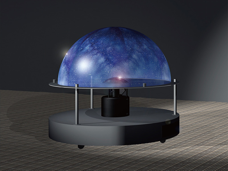 フィッシュアイ・ニッコール天球儀（完成予想図）。「Fisheye-Nikkor 6m f/2.8」を投影レンズとして使用した天球儀。設計・制作は、スーパープラネタリウム「MEGASTAR」シリーズの製造を手掛ける有限会社大平技研が担当。直径1mの半球ドームに100万個以上の星々を映し出す。