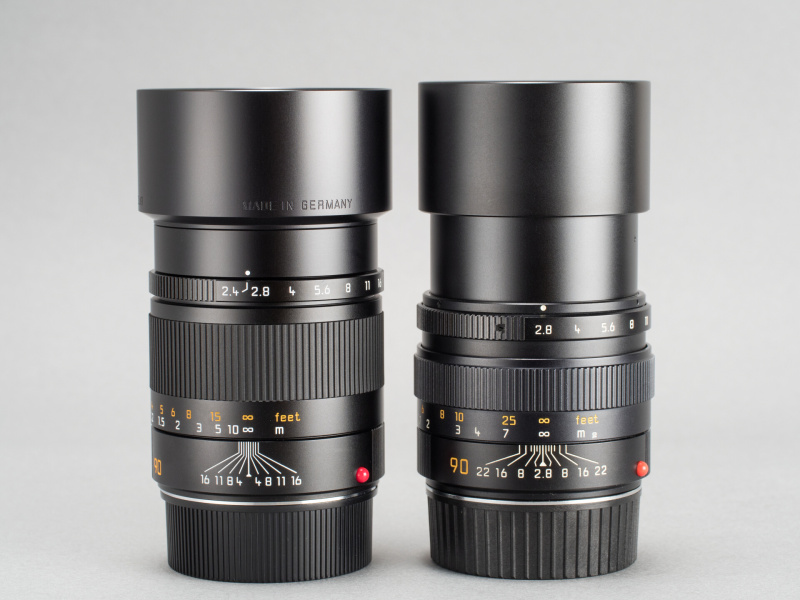 フード使用時の比較。どちらもほぼ同じ全長になるが、フードの有効長は左のSUMMARITの方が深い。フォーカスピッチはELMARITがスロー、SUMMARITは速めという違いがある。