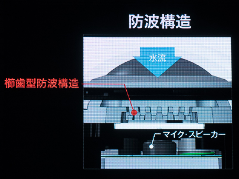 スピーカー・マイク部から内部への水の進入を防ぐ防波構造。