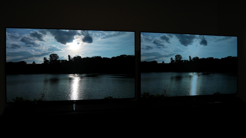 右のSDRでは空と太陽がどちらも白トビしてしまい、太陽の眩しさが再現されていない。全体の色味も異なる