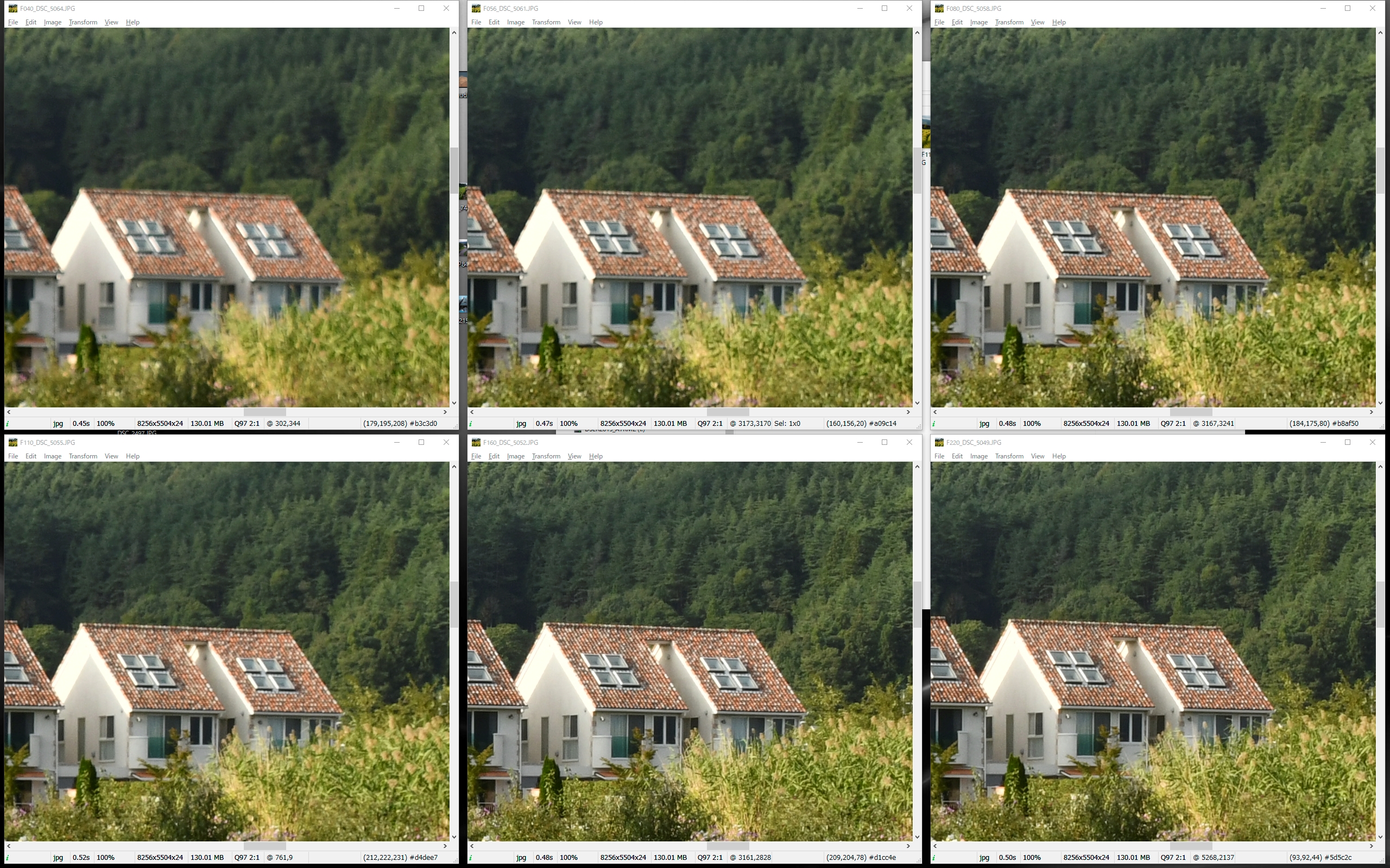 画面中央の遠景。被写体のコントラストが高く、輪郭強調が効きやすい被写体のためか、F16で撮影したカットはまずまずのシャープさが得られている。他の絞りはピクセル等倍では厳しいピントだ。