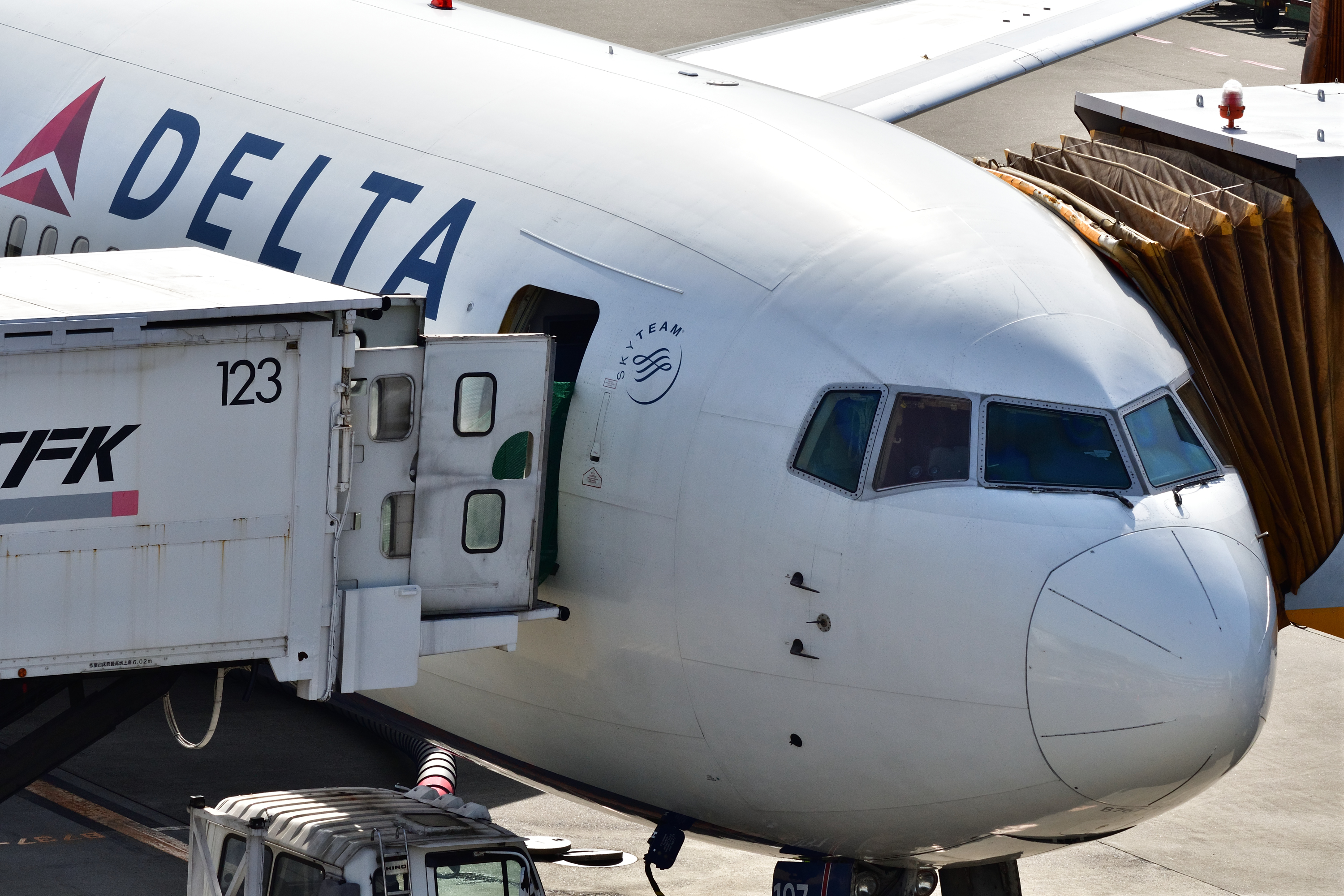 展望デッキでの撮影なら旅客機の顔を捉えるのも楽しい。お鼻の丸いなにかの動物みたい。D500 / SIGMA 100-400mm F5-6.3 DG OS HSM / 1/1,000秒 / F11 / 0EV / ISO 400 / シャッター優先AE / 175mm