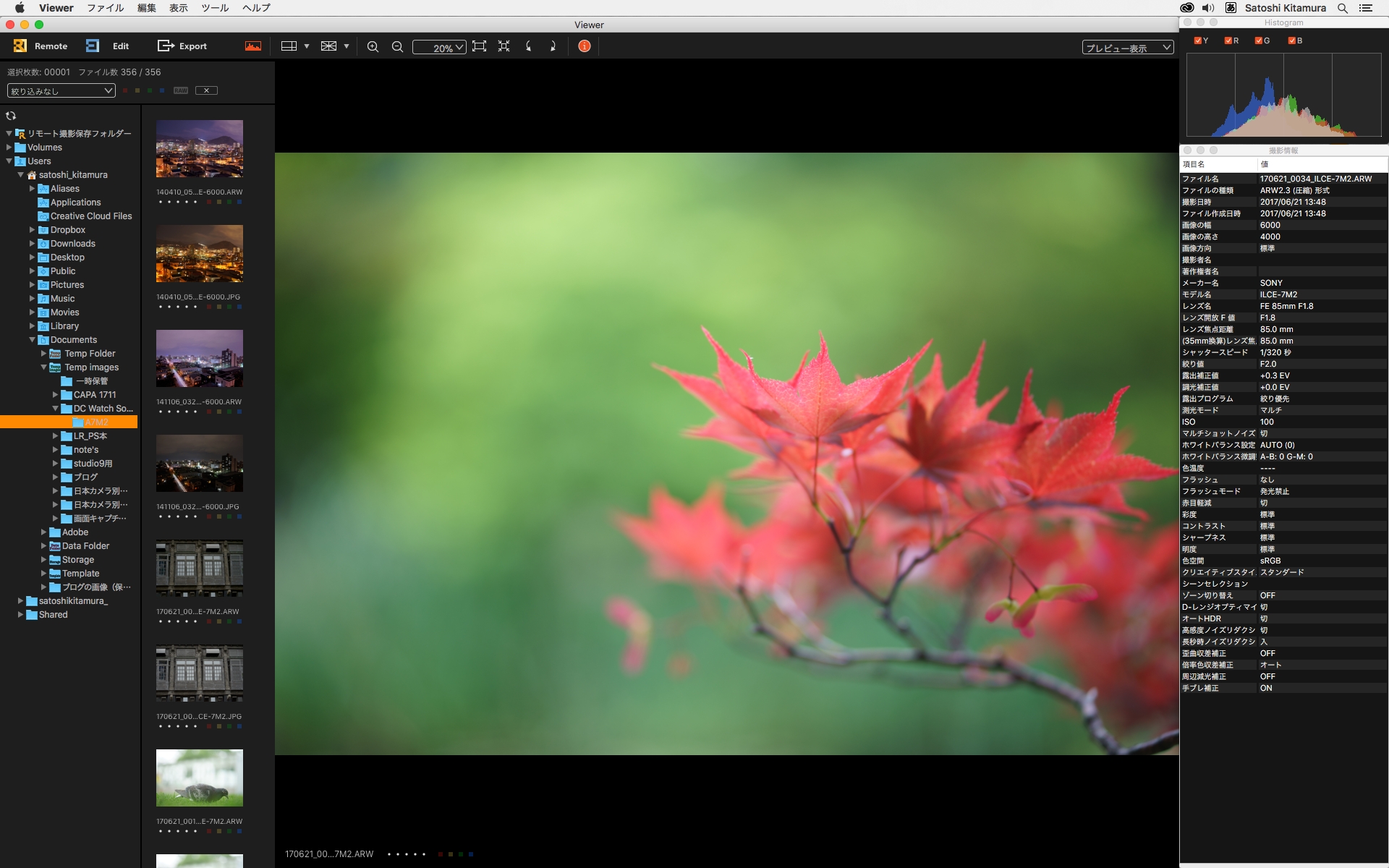 「ヒストグラム」と「撮影情報」のパネルを開いて画面右側に置いておくと撮影データなども確認できて便利だ。