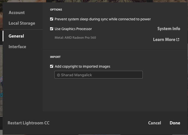Lightroom CCデスクトップ版 インポートされた画像へのコピーライト情報の追加機能