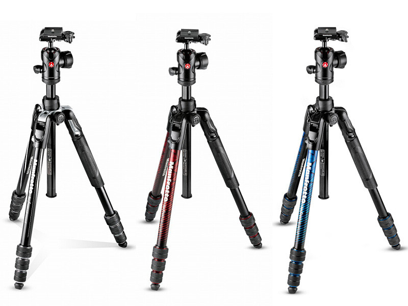 befreeアドバンス アルミニウムT三脚キット。左からブラック（MKBFRTA4BK-BH）、レッド（MKBFRTA4RD-BH）、ブルー（MKBFRTA4BL-BH）