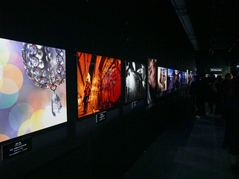 黒で囲まれたギャラリーコーナーに並ぶ作品群は、照明とあいまって自発光しているような鮮やかさ。