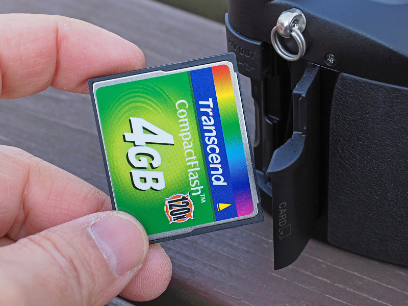 記録メディアはCF（Type IIやマイクロドライブにも対応）。「古いカメラだから1GBくらいのカードで良かろう」と高を括ったら、撮影可能枚数の少なさに焦る（62枚とか）。800万画素のRAW対応モデルをナメたらイカンよ。ということで、4GBのカードを使用。