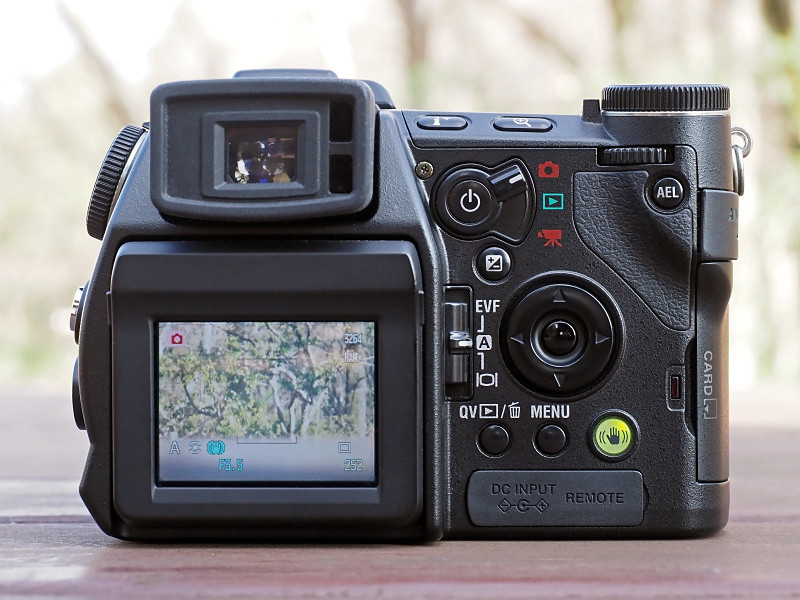 電子ビューファインダーの右側にある「モード切り替えレバー」や、その下の「ディスプレイ切り替えレバー」などが、このカメラの特徴的な部分。十字キーの右下にある「手ブレ補正ボタン」の点灯もカッコイイ！