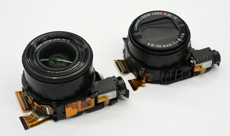 レンズユニットの体積比較。APS-CのG1 X Mark III（左）と、1型のG5 X（右）。裏面から見たセンサーサイズが大きく異なるが、レンズユニットはほぼ同サイズと言える。