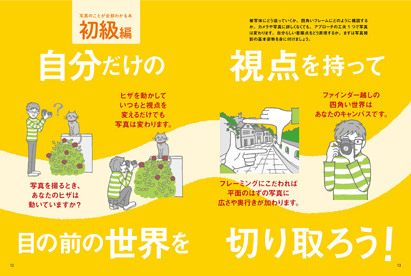 初級編は「自分の視点を活かそう」がテーマ。カメラの細かな設定はさておき、まずはカメラの構え方や視点を意識してみましょう。構図など、迷った時の基準となる例も紹介されています。数字はほぼ登場しません。