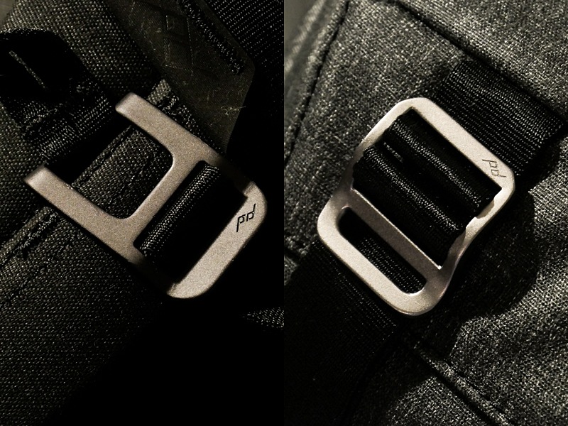 左はエブリデイバックパック（ブラック）、右はエブリデイスリング（チャコール）のハードウェア。カラーによって色味が変わる。