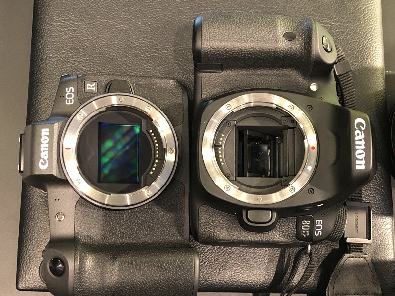 EOS RとEOS 80D（APS-C機）のマウント部。