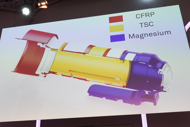軽量なマグネシウム合金、アルミの3倍のコストだというCFRP（カーボンファイバーを含有するポリカーボネート）、TSC（アルミニウムと同等の熱収縮率を持つポリカーボネート）を使用。