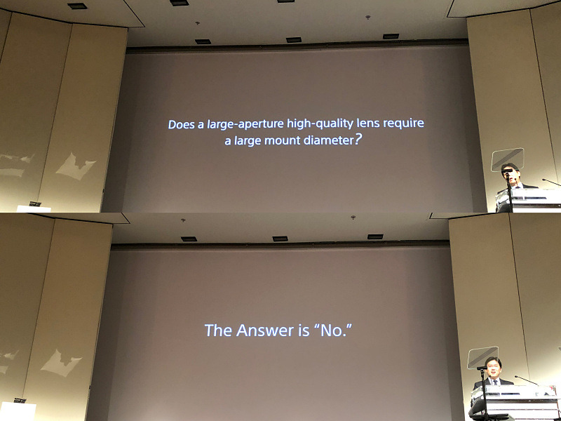 参考：ソニーのフォトキナ2018記者会見（9月25日）より。Eマウントは2010年に登場し、内径46mm・フランジバック18mm。「まずは60本を目指す」と今後ますますのレンズ拡充を宣言した。