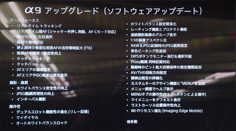 α9のアップデートで盛り込まれる内容が紹介された。リアルタイムトラッキングの動作具合やα7R IIIやα7 IIIのアップデートについてもあわせて予告があった。