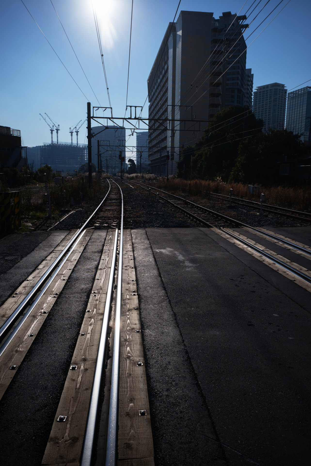 踏切を渡りながら目測で素早く1枚。画面内に太陽が入るような逆光でも最新コーティングのおかげでシャドー部が甘くなることは皆無。見事な高コントラストが保たれる。ライカM(Typ240) / ISO200 / F11 / 1/750秒 / WB:オート