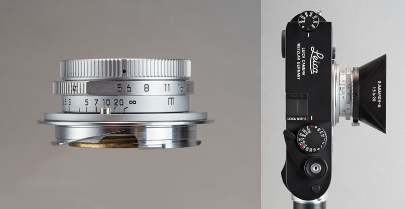 SUMMARON-M F5.6/28mm。右はライカM10-Dに装着したところ。