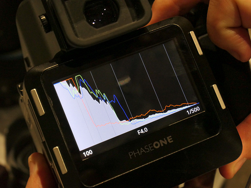 再生画像のヒストグラム表示。再生画面を左端からスワイプすると、レーティングと色温度取得が可能。右端からスワイプすると、ヒストグラム、詳細データ、白飛び/黒潰れ警告表示、グリッド表示を呼び出せる。