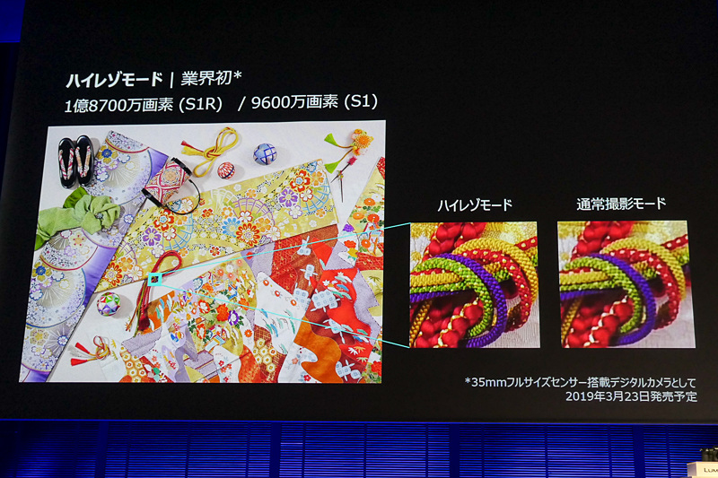 8枚を連写合成する「ハイレゾモード」では、LUMIX S1Rで1億8,700万画素、LUMIX S1で9,600万画素の高解像記録が可能になった。