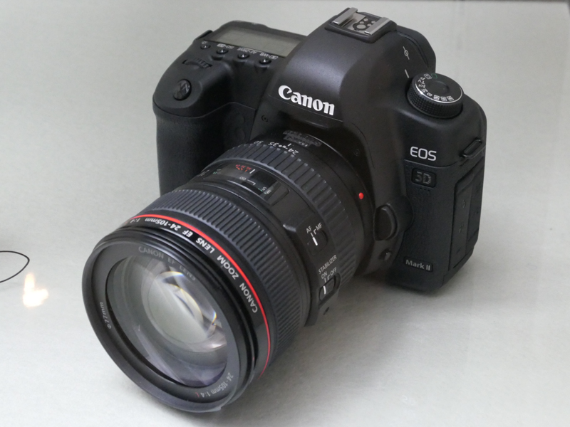 キヤノンEOS 5D Mark II（平成20/2008年）。約36×24mmのCMOSセンサーを搭載し、フルHD動画記録も可能なデジタル一眼レフカメラ。