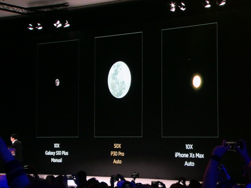 望遠カメラとデジタルズーム技術の組み合わせにより「月も鮮明に撮れる」というデモ。中央がP30 Pro。