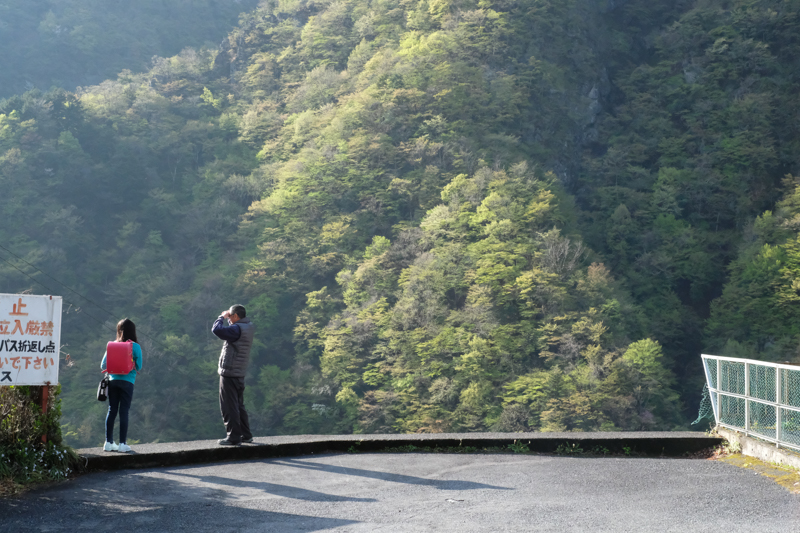 日原、朝の光景。通学に使用するバスを待つ孫と、見送る祖父だろうか。目の前まで山が迫っている。<br><span class="fnt-85">X-Pro2 / XF35mmF1.4 R / 35mm（52.5mm相当） / 絞り優先AE（1/1,800秒・F9.0・±0EV） / ISO 6400</span>