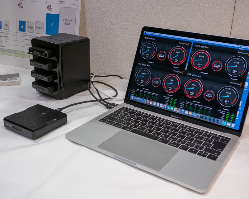 PHOTONETXT2019のプログレードデジタルブースでは、カードリーダー4台を使ったCFexpressカード4枚の同時ベンチマークが披露されていた。接続はThunderbolt 3。CFexpressの高速性能に自信を見せていた。