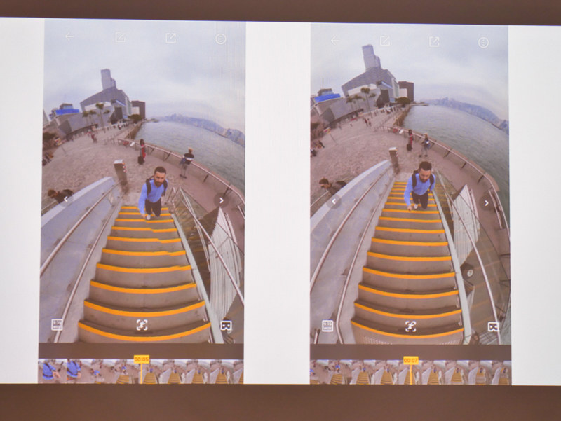 人物の付近にある階段のズレ（左）が、ダイナミックスティッチングによって自然になっている。