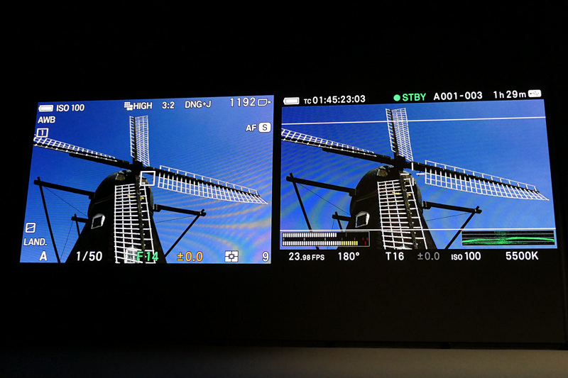 静止画（左）/動画（右）の撮影画面。本体上面のスライドスイッチで切り替わる。