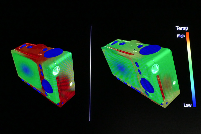 ヒートシンクがない場合（左）と、ある場合（右）の比較イメージ。筐体外装は前後カバーがアルミダイキャスト。ヒートシンク部分のみ、加工性からマグネシウムを採用しているという。