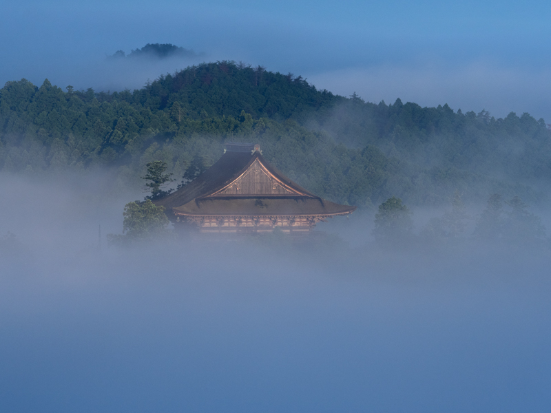 吉野山の象徴、金峯山寺蔵王堂を雲が包み込む。このような条件下ではスピードが勝負。M.ZUIKO DIGITAL ED 40-150mm F2.8 PROはレンズフードの伸縮等、素早くセッティングできるので心強い（撮影：高橋良典）。<br><span class="fnt-85">OLYMPUS OM-D E-M5 Mark II/ M.ZUIKO DIGITAL ED 40-150mm F2.8 PRO / 150mm（300mm相当） / 絞り優先AE（F5.6、1/180秒、±0EV） / ISO 400 / WB：太陽光</span>