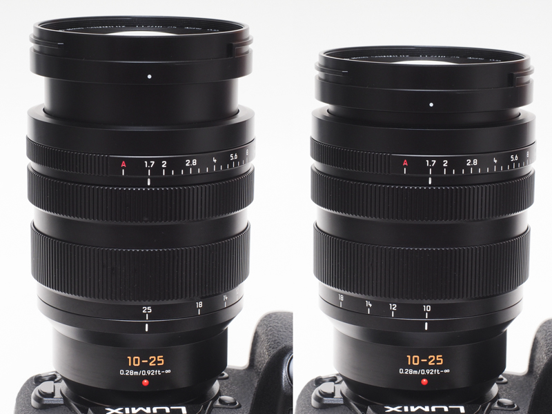左がレンズを最大限繰り出した状態。テレ端側の焦点距離25mmでも繰り出し量は、およそ10mmほどと僅かなためズーミング時のバランスへの影響が少ない