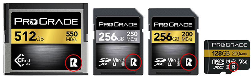ラベル表面に、「R」ロゴの付いている同社製CFast、SDカード、microSDカードが対象